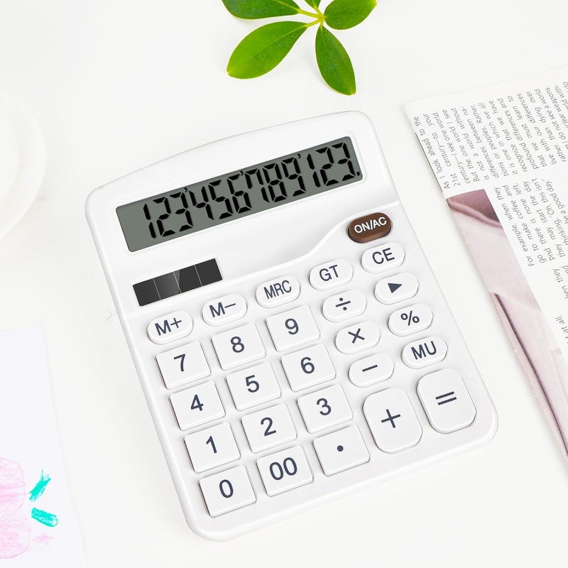 HUTUDD Desktop Calculator, White Calculator Big Buttons, 12-Digits Large LCD Display, Solar and AA Battery Dual Power, Desk Calculators for Office Home School Business Class (White) - Image 3